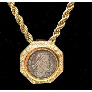 Vintage CINER Coin Pendant Necklace Scarf Slide Swarovski Crystals - Gold Plated